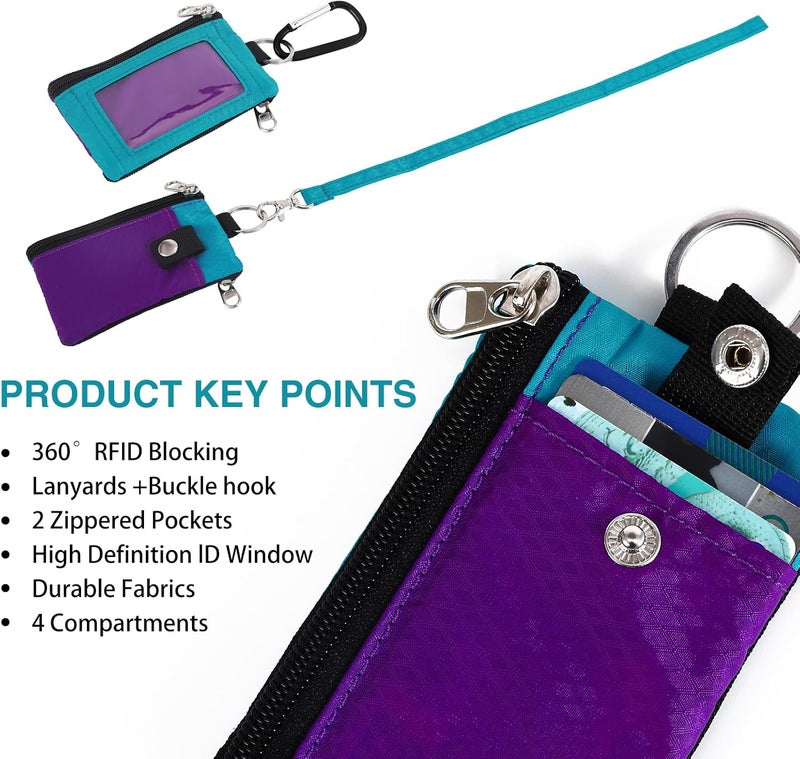 MASAPHIL MASAPHlL Small Lanyard Wallet for Women/Men with RFID Blocking ID Pouch, Minimalist Travel Neck Wallet with Keychain, ID Window for Card,Coin,Cash (Violet+Turquoise) - Image 3